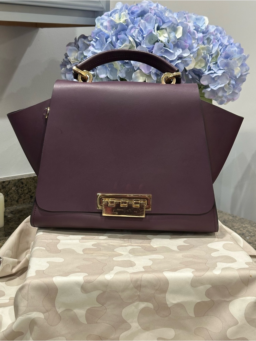 Zac Posen Plum Structured Top-Handle Satchel with Gold Hardware